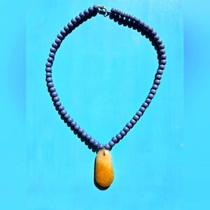 Home-made natural stone necklace with wood beads. 11" long.